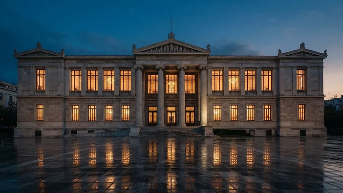 Neoklassisches Institutsgebäude in Athen in der Dämmerung