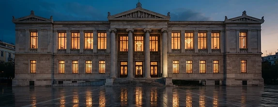 Athens institutional building at dusk